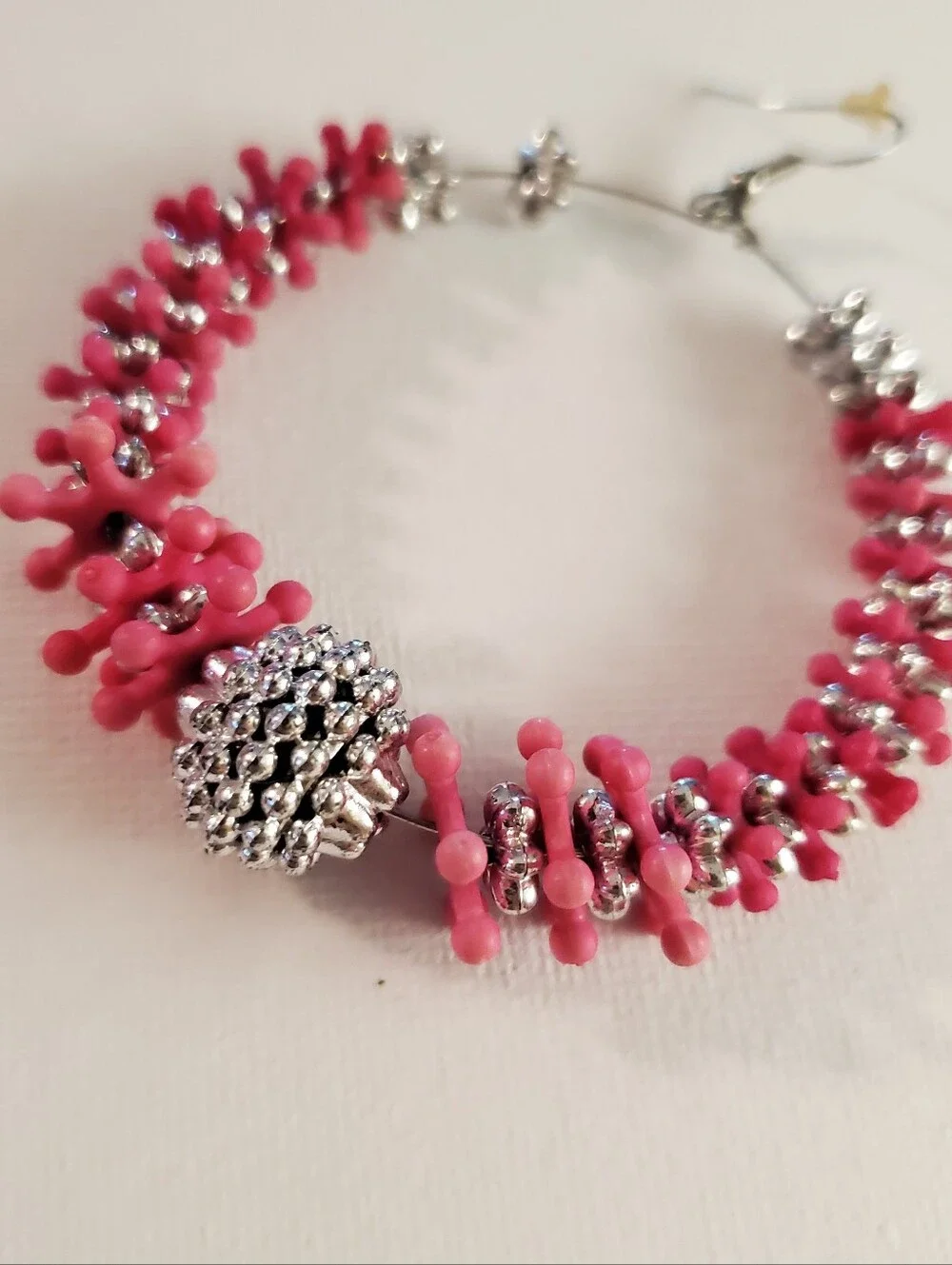 Pink Beaded Hoop Earrings with Silver Accents -‎ Women Jewelry